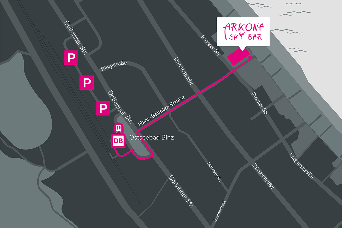 Karte mit Wegbeschreibung zur Arkona Sky Bar in Binz, inklusive Parkplätze, Bahnhof und Hans-Beimler-Straße.